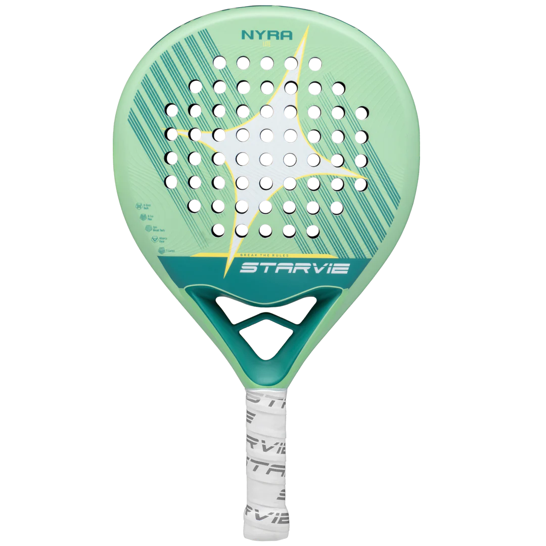 StarVie Nyra 2026 padel racket front view showing full face design and round shape, designed for beginner players