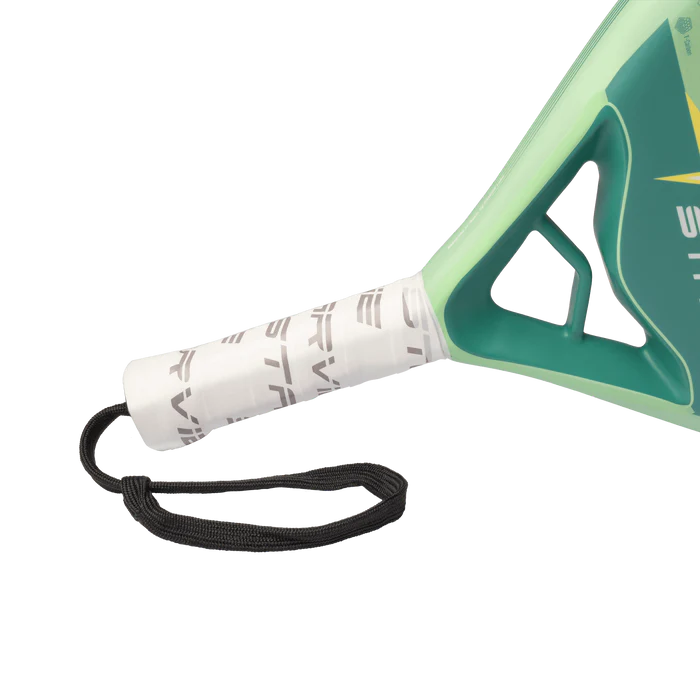 StarVie Nyra 2026 padel racket grip close up showing handle comfort and wrist strap, designed for beginner players