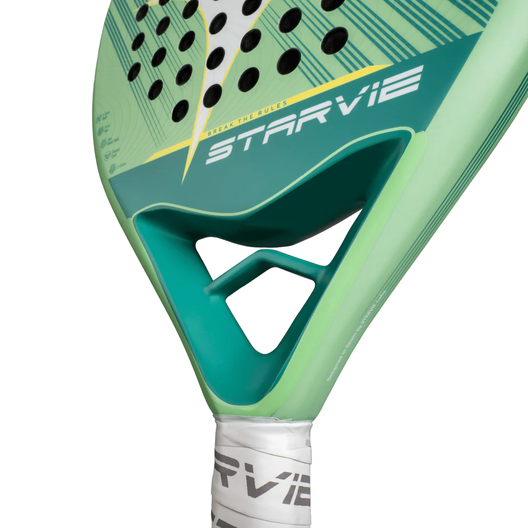 StarVie Nyra 2026 padel racket throat close up showing bridge design and stability support, designed for beginner players