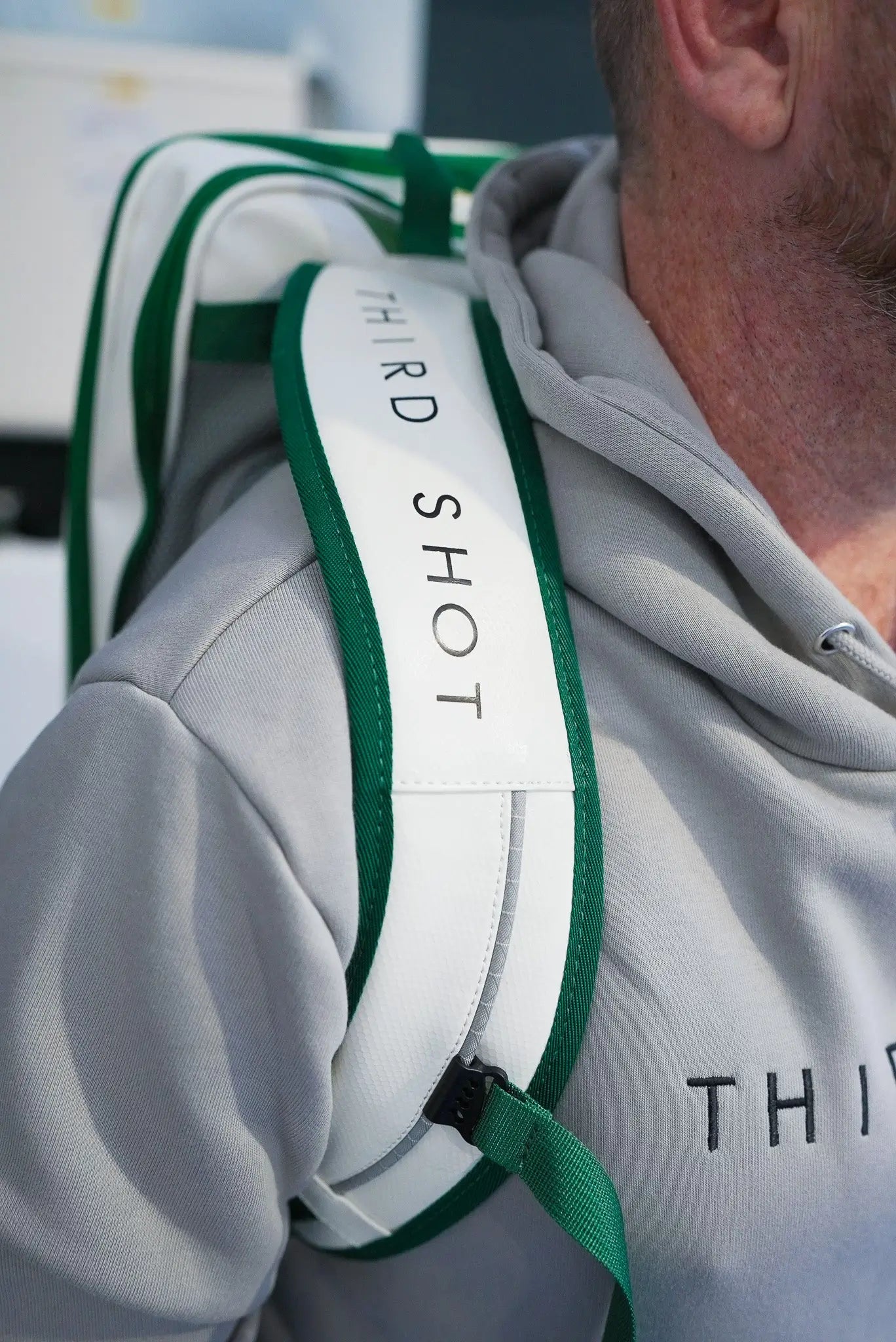 Third Shot game ready sports rucksack, close up of branded shoulder strap with padded construction