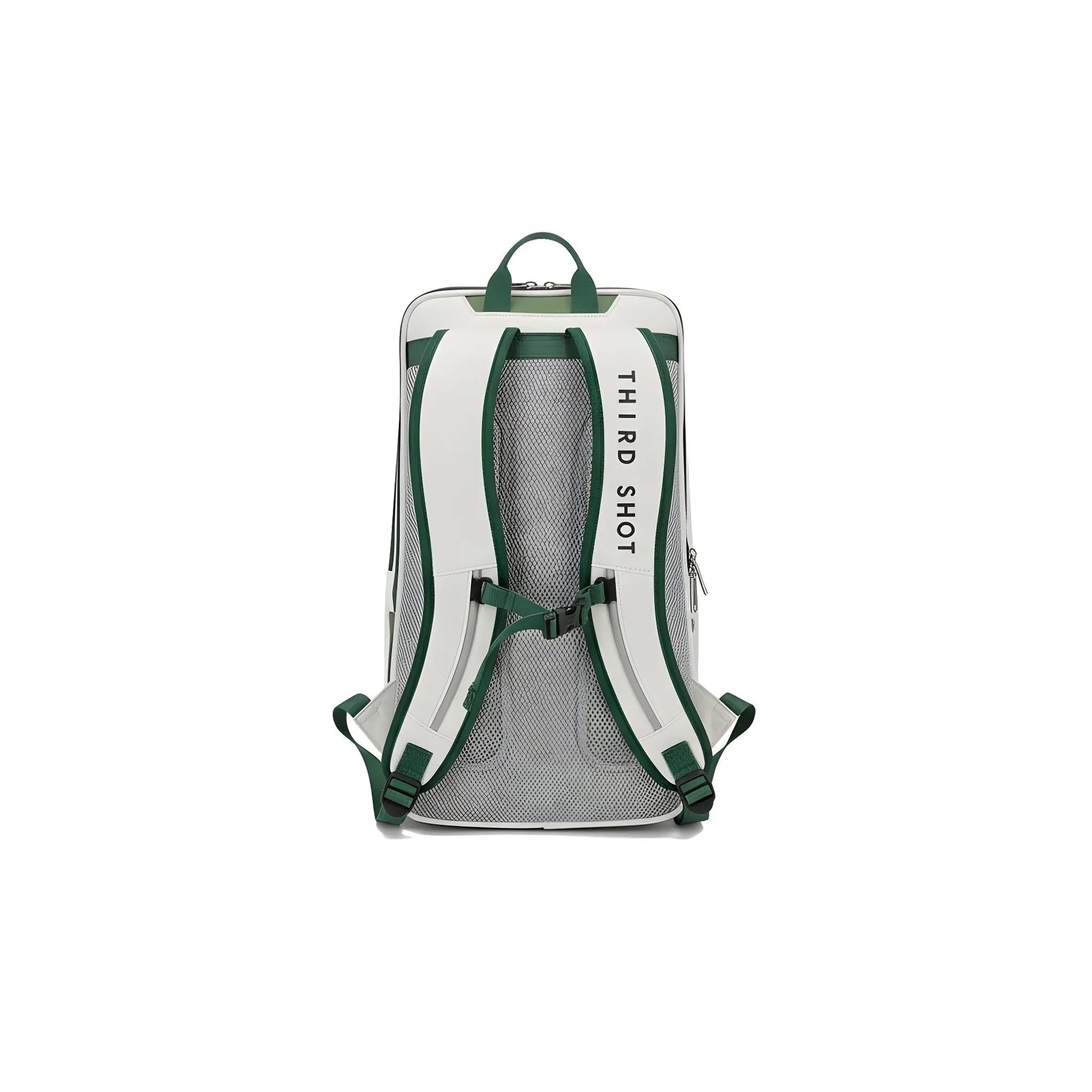 Third Shot game ready sports rucksack, white and green, rear view showing padded back panel and shoulder straps