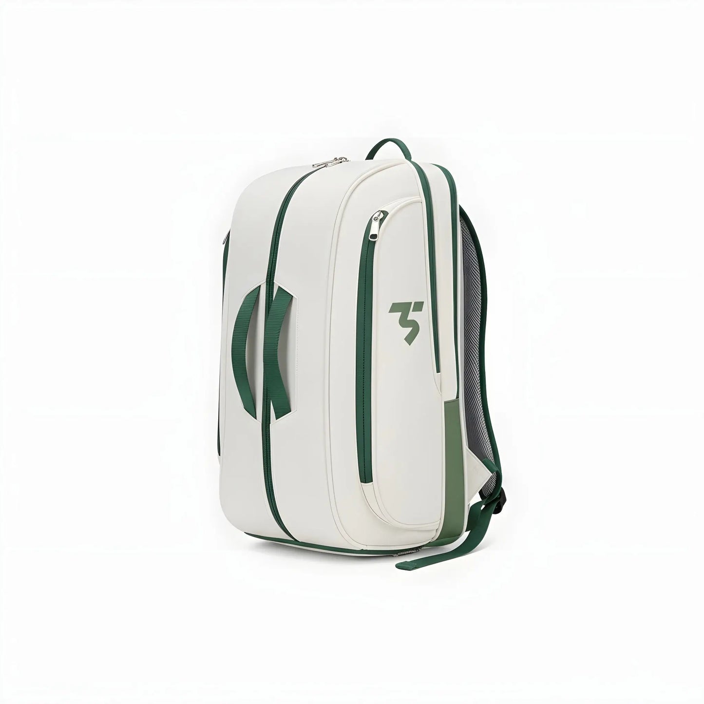 Third Shot game ready sports rucksack, white and green design, front angled view showing main compartments