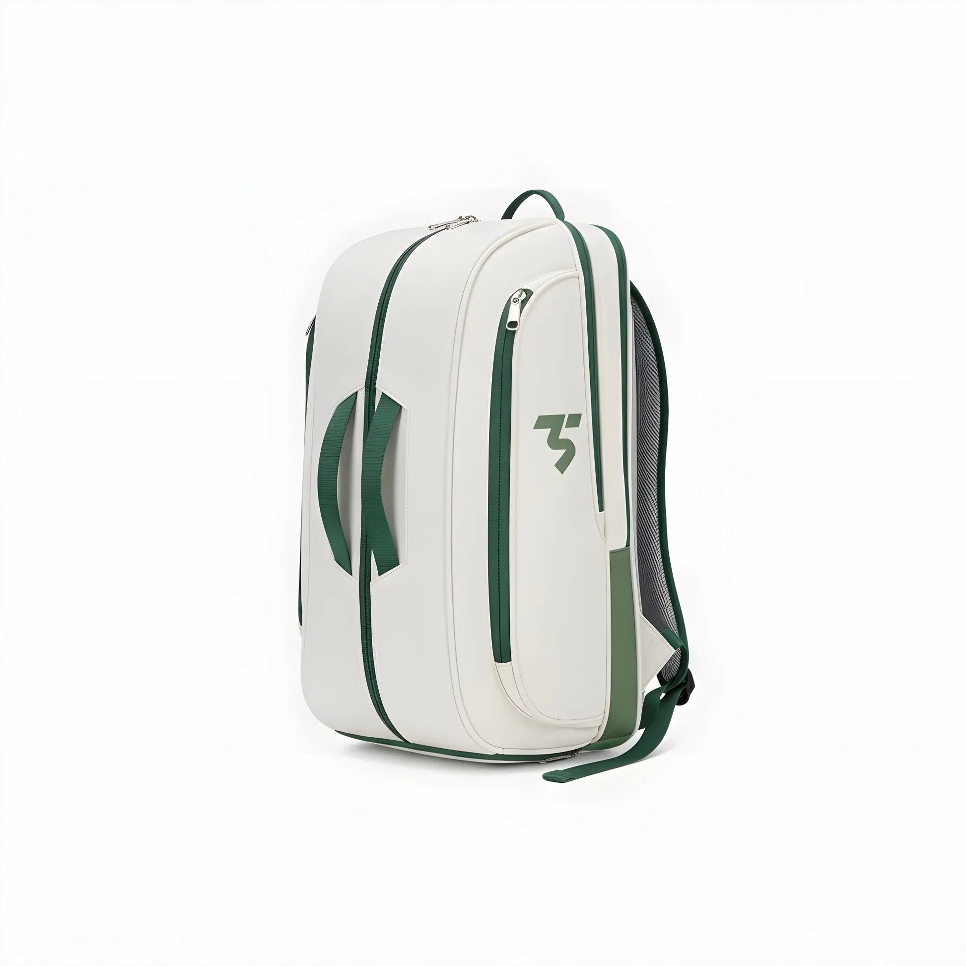 Third Shot game ready sports rucksack, white and green design, front angled view showing main compartments