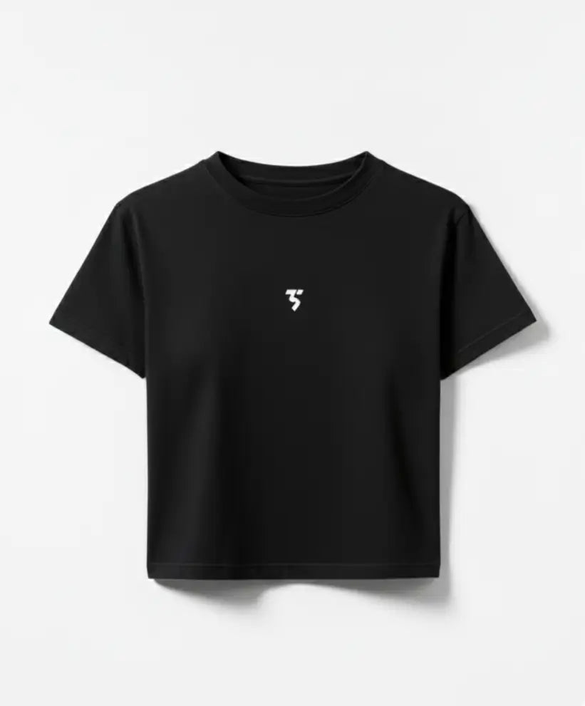 Third Shot women’s cropped cotton tee in black front view showing clean cropped fit, designed for all level players