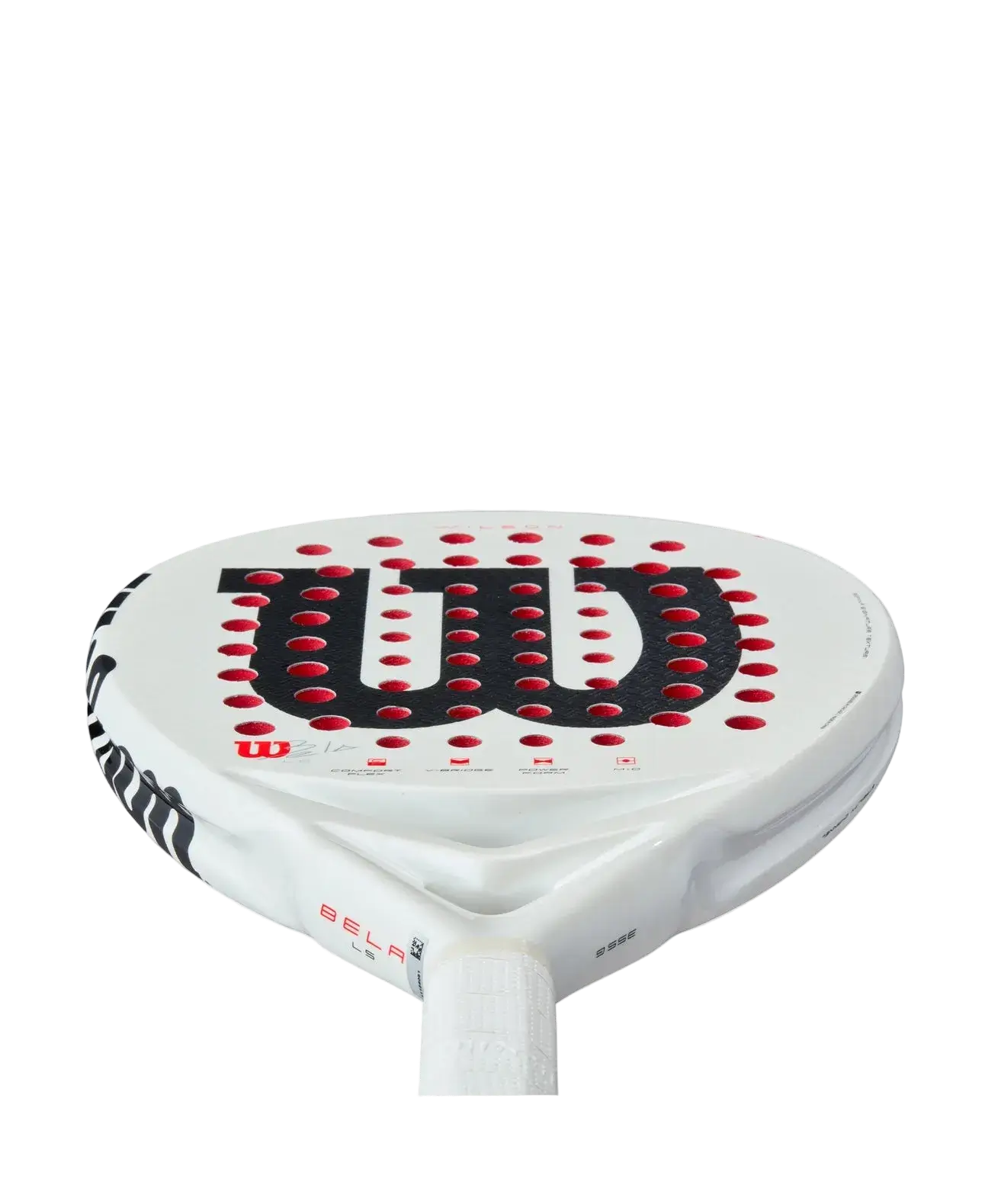 Wilson Bela LS V3 2025 padel racket low angle face view highlighting spin texture and control zones, designed for intermediate players.