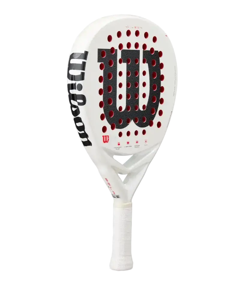 Wilson Bela LS V3 2025 padel racket angled side view showing hybrid shape and head heavy balance, designed for intermediate players.