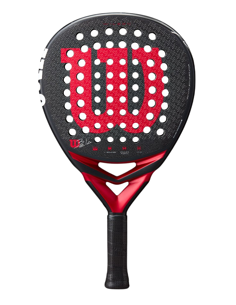 Front view of the Wilson Bela V3 2025 padel racket in black with a large red Wilson logo and white perforation holes, designed for advanced players.