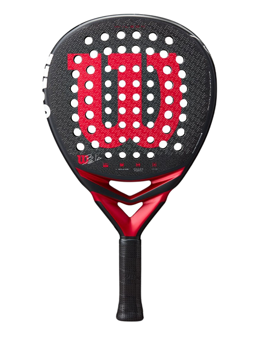 Front view of the Wilson Bela V3 2025 padel racket in black with a large red Wilson logo and white perforation holes, designed for advanced players.
