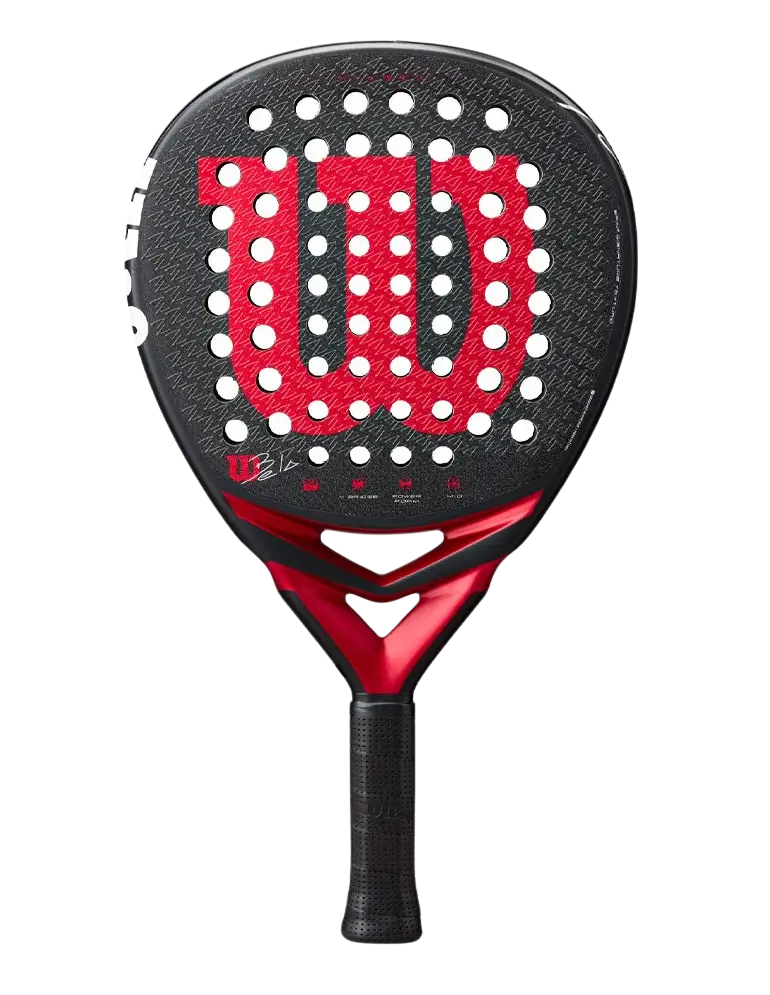 Front view of the Wilson Bela V3 2025 padel racket in black with a large red Wilson logo and white perforation holes, designed for advanced players.