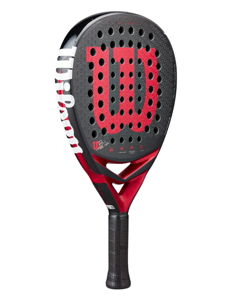 Angled view of the Wilson Bela V3 2025 padel racket showing the black textured surface, red Wilson logo and perforated holes, designed for advanced players.