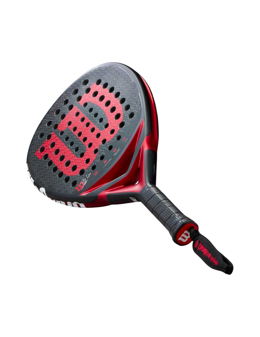 Angled view of the Wilson Bela V3 2025 padel racket in black with red Wilson branding and textured surface, designed for advanced players.