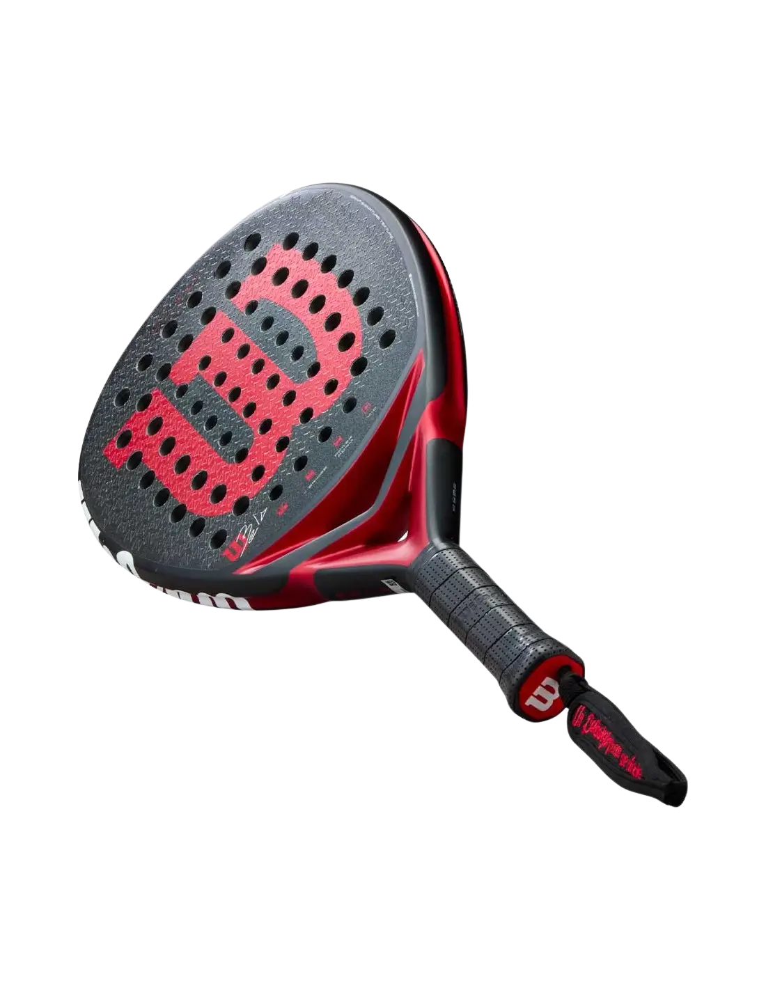 Angled view of the Wilson Bela V3 2025 padel racket in black with red Wilson branding and textured surface, designed for advanced players.