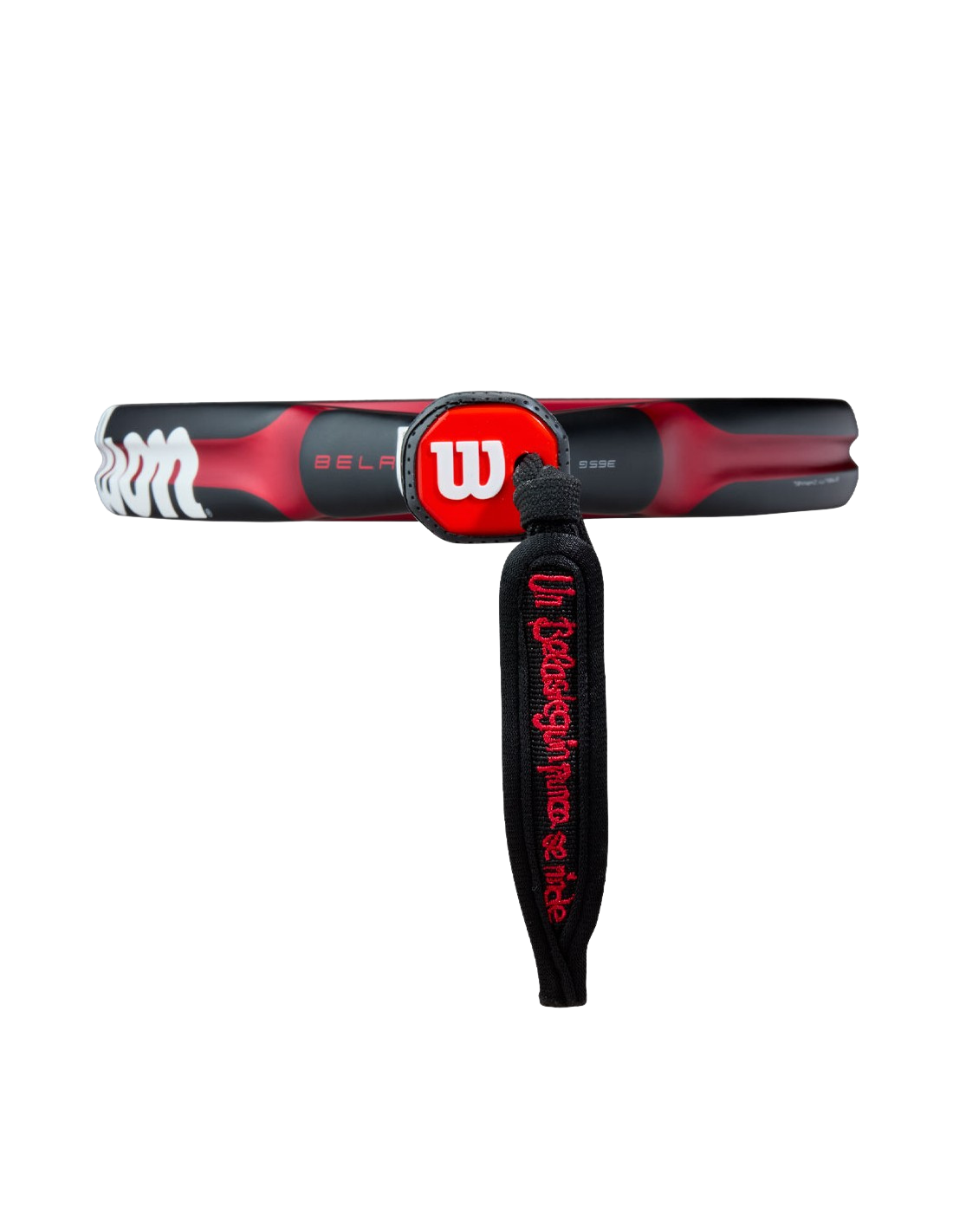 Close-up of the Wilson Bela V3 2025 padel racket handle showing the red Wilson logo and black wrist strap, designed for advanced players
