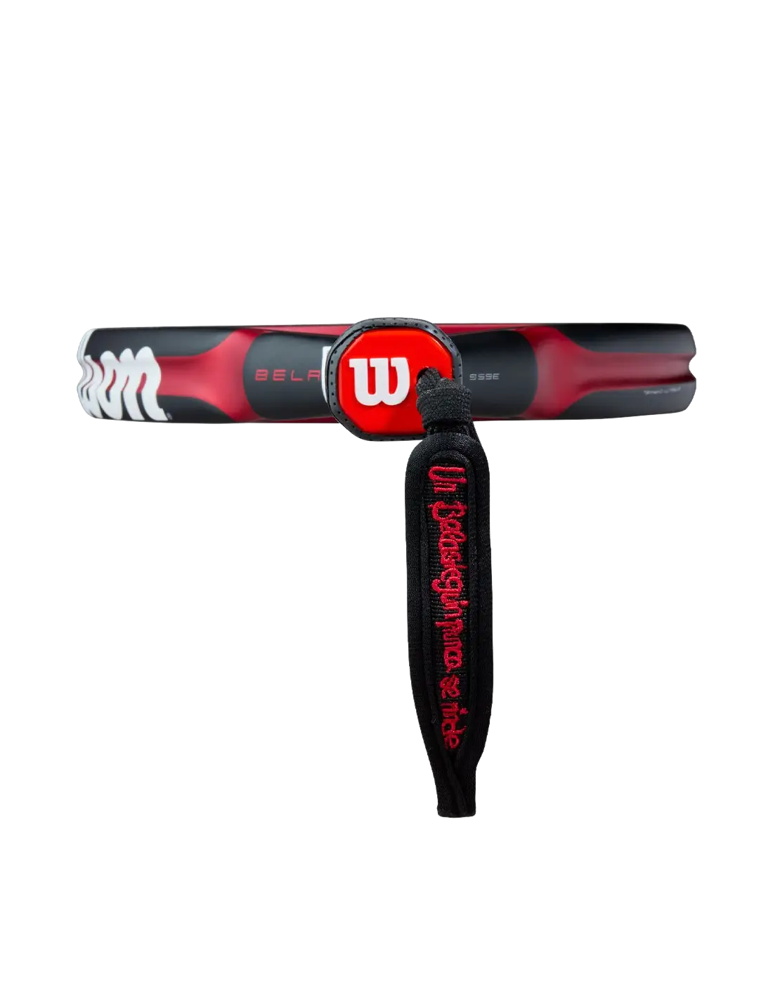 Close-up of the Wilson Bela V3 2025 padel racket handle showing the red Wilson logo and black wrist strap, designed for advanced players