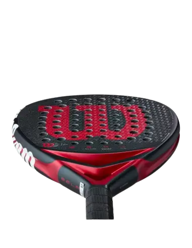 Angled close-up of the Wilson Bela V3 2025 padel racket head showing the black textured surface and red Wilson logo, designed for advanced players.