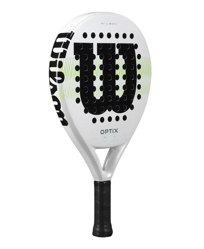 Wilson Optix V1 2025 padel racket angled view showing white face and oversized round head, designed for beginner players