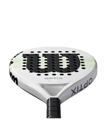 Wilson Optix V1 2025 padel racket handle close up with wrist strap and grip detail, designed for beginner players