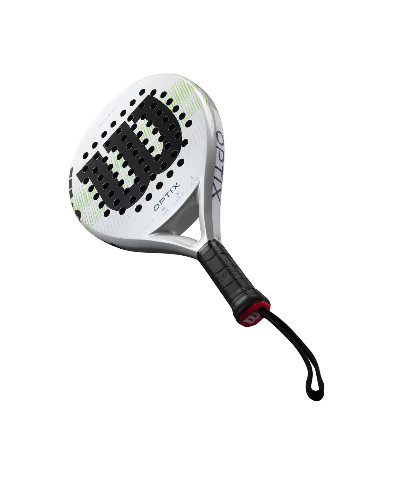 Top view of Wilson Optix V1 2025 padel racket highlighting hole pattern and forgiving face, designed for beginner players