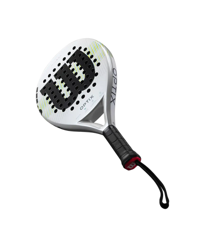 Top view of Wilson Optix V1 2025 padel racket highlighting hole pattern and forgiving face, designed for beginner players