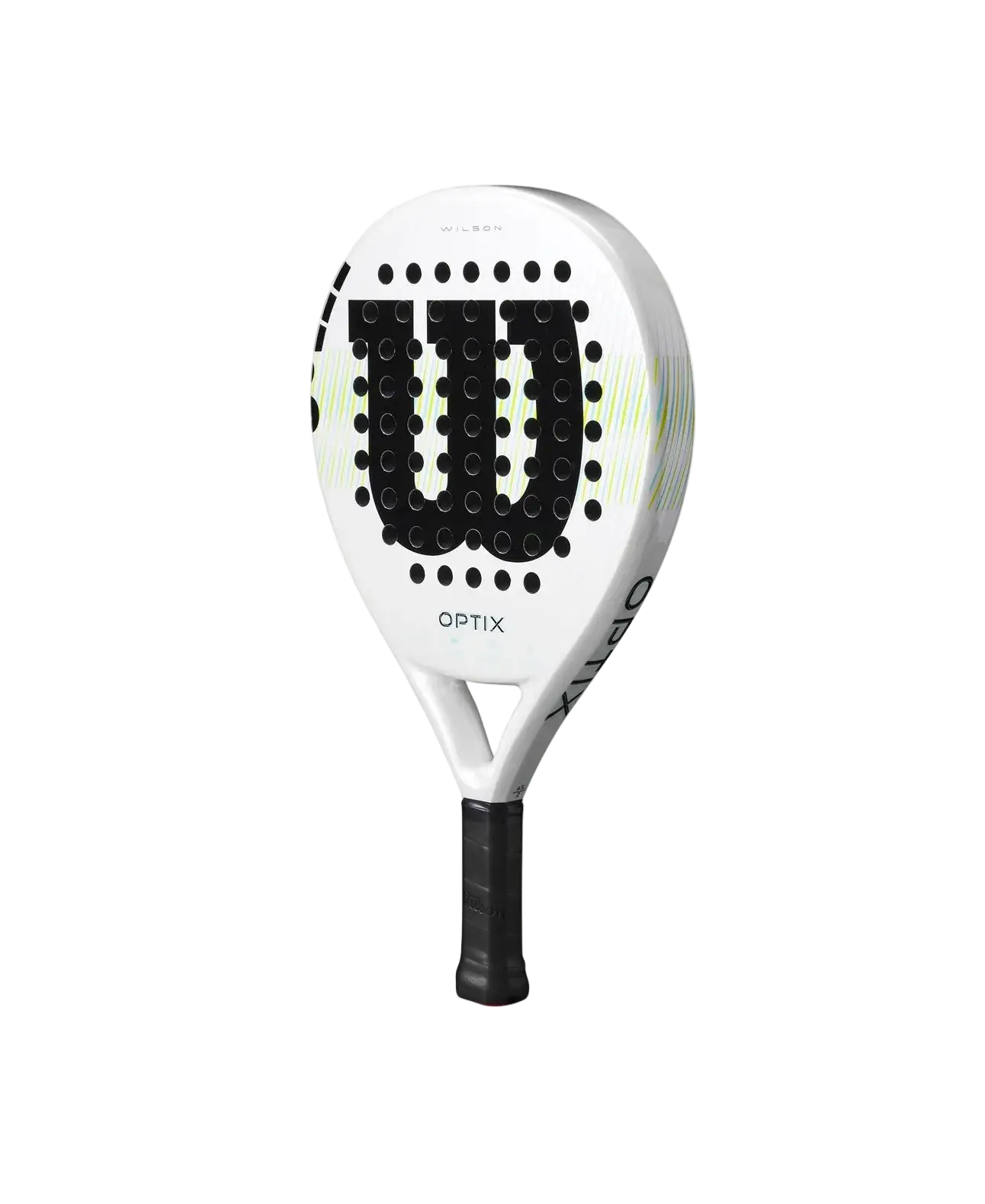 Side profile of Wilson Optix V1 2025 padel racket showing rounded frame and stability, designed for beginner players