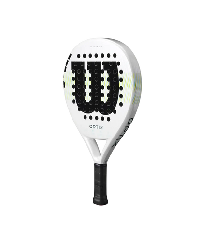 Side profile of Wilson Optix V1 2025 padel racket showing rounded frame and stability, designed for beginner players