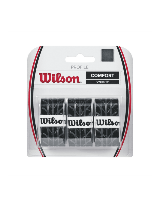 Wilson comfort profile black over grips for a padel racket. Three in a back