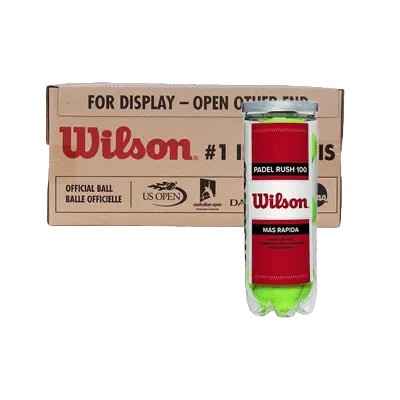 Wilson Padel Rush 100 padel balls single tube shown with cardboard display box for clubs and retail