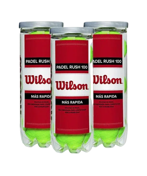 Three tubes of Wilson Padel Rush 100 padel balls showing premium felt and pressurised packaging.