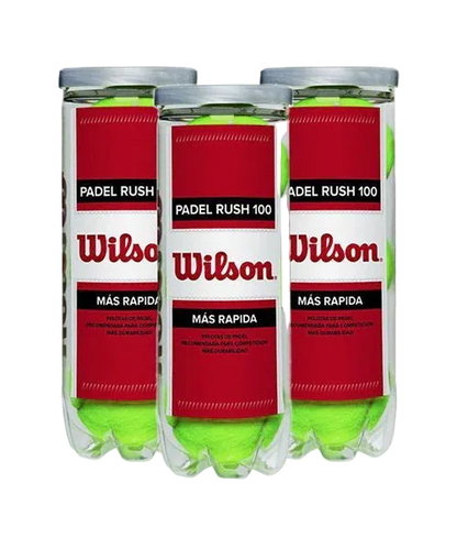 Three tubes of Wilson Padel Rush 100 padel balls showing premium felt and pressurised packaging.