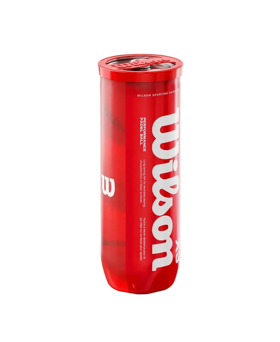 Angled view of Wilson Padel X3 padel balls tube showing red packaging and branding