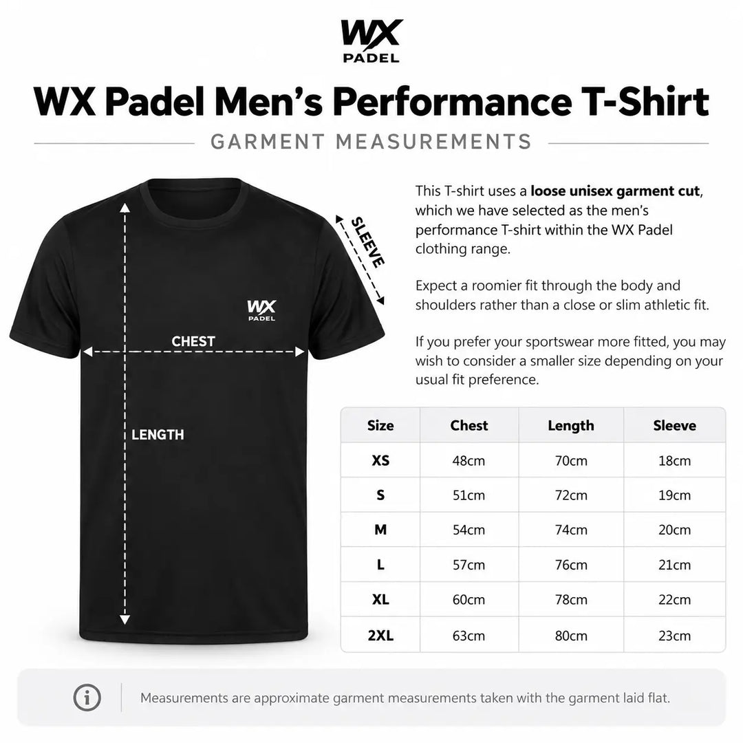 WX Padel Men’s Performance T-Shirt garment measurement and size guide