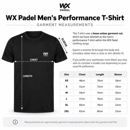 WX Padel Men’s Performance T-Shirt garment measurement and size guide