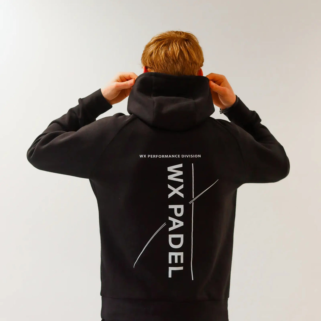 Male model wearing the WX Padel Performance Division Pullover Hoodie showing the large rear print