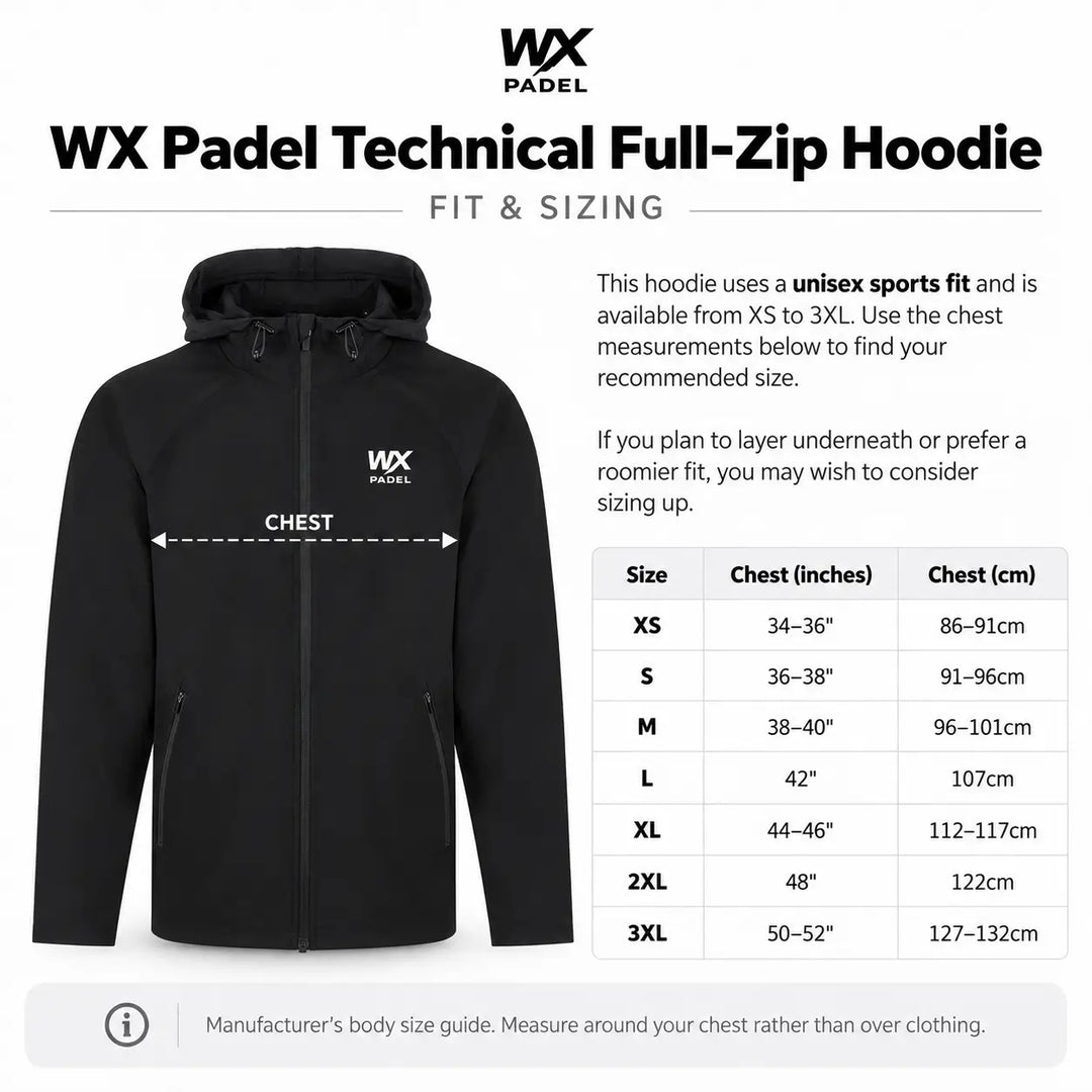 WX Padel Technical Full-Zip Hoodie fit and sizing guide with chest measurements