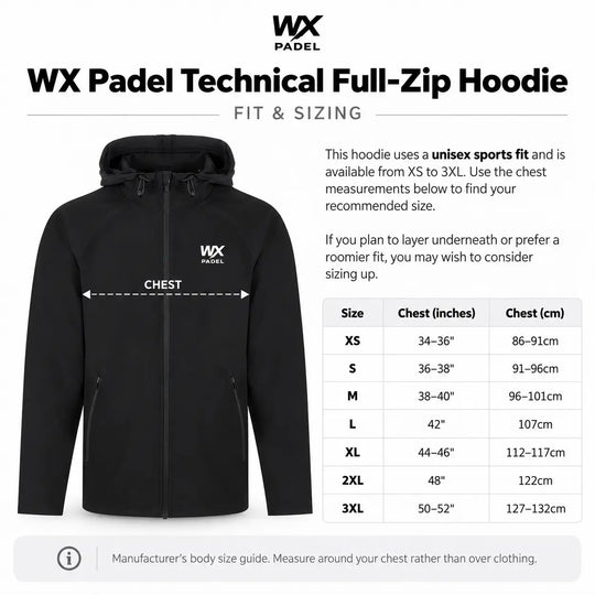 WX Padel Technical Full-Zip Hoodie fit and sizing guide with chest measurements