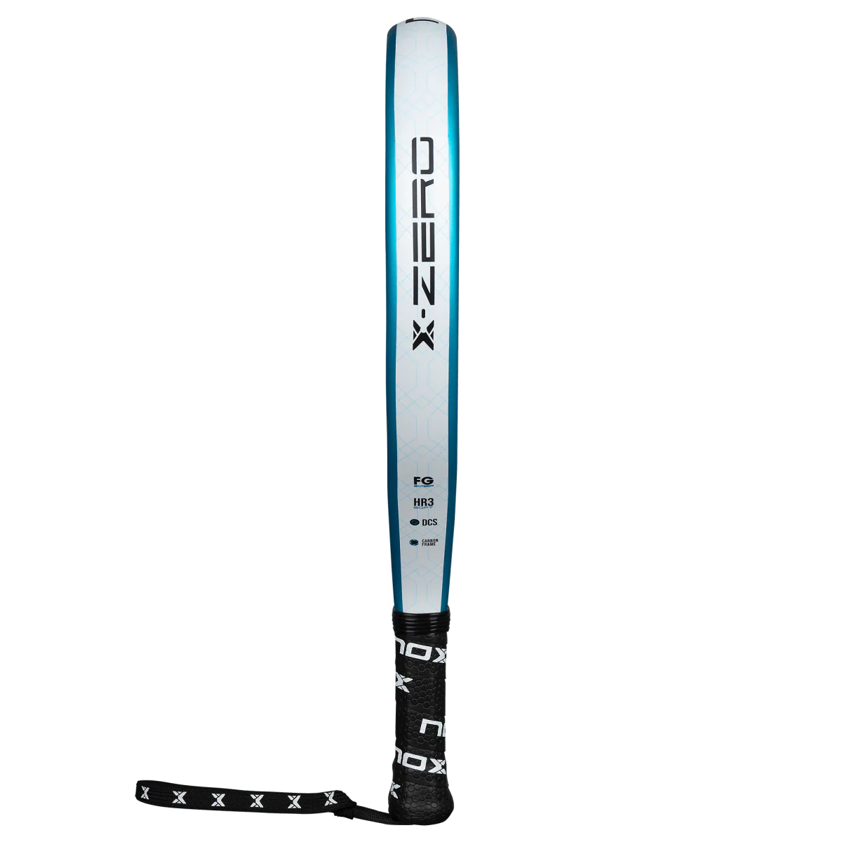 Nox X-Zero Blue 26 padel tennis racket for beginners, slim side profile view showing X-Zero branding on transparent background.