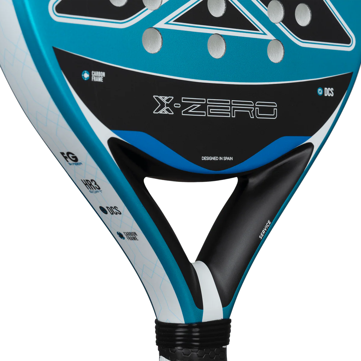 Nox X-Zero Blue 26 padel tennis racket for beginners, slim side profile showing X-Zero branding and black NOX grip on transparent background